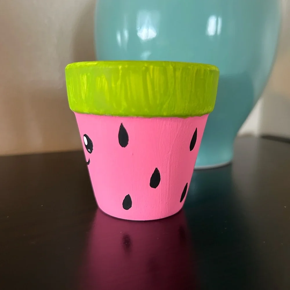 Handmade Watermelon Decorative Clay Terracotta Painted Pot Hot Pink Green Fruit